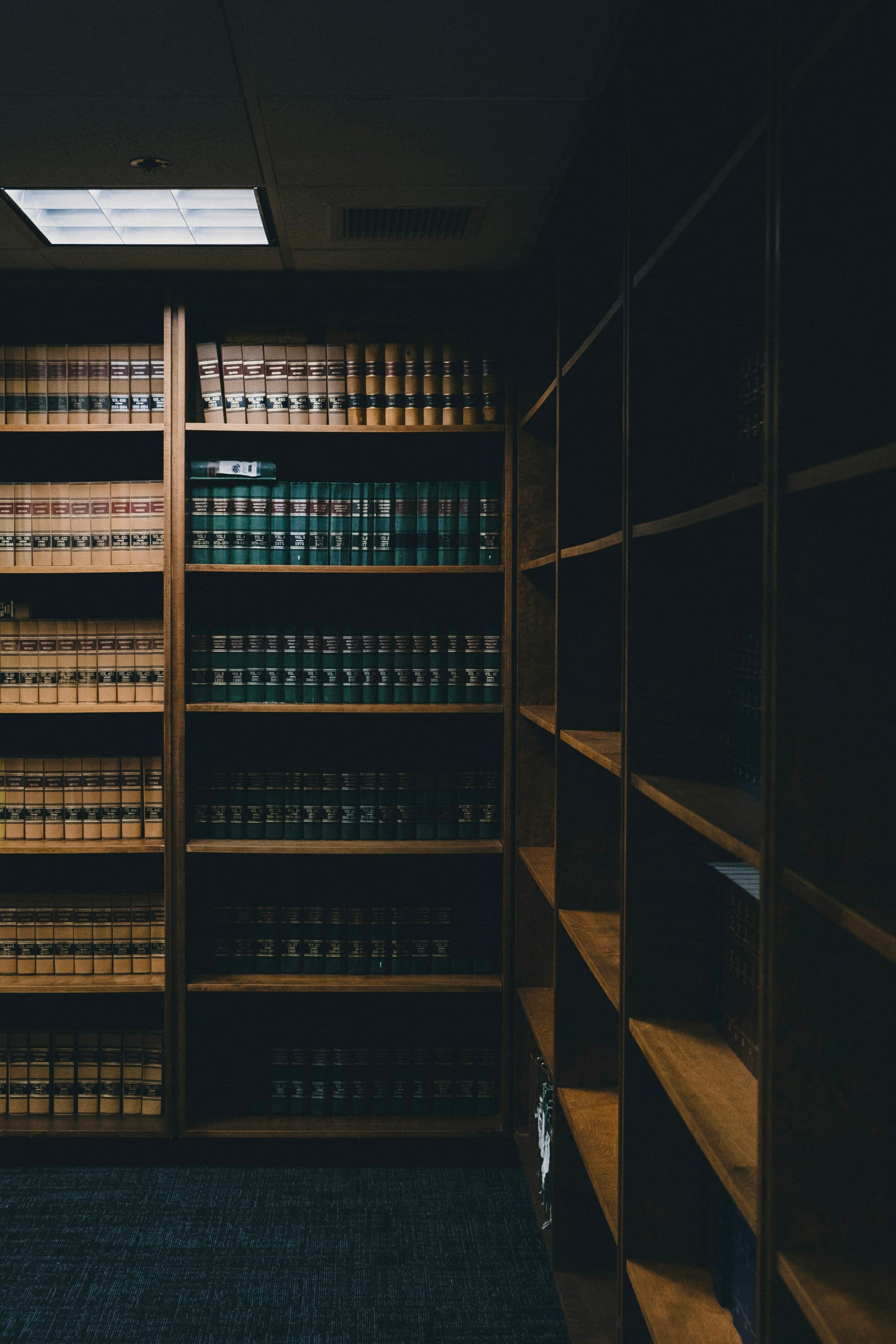 Shelves of legal volumes in a law library